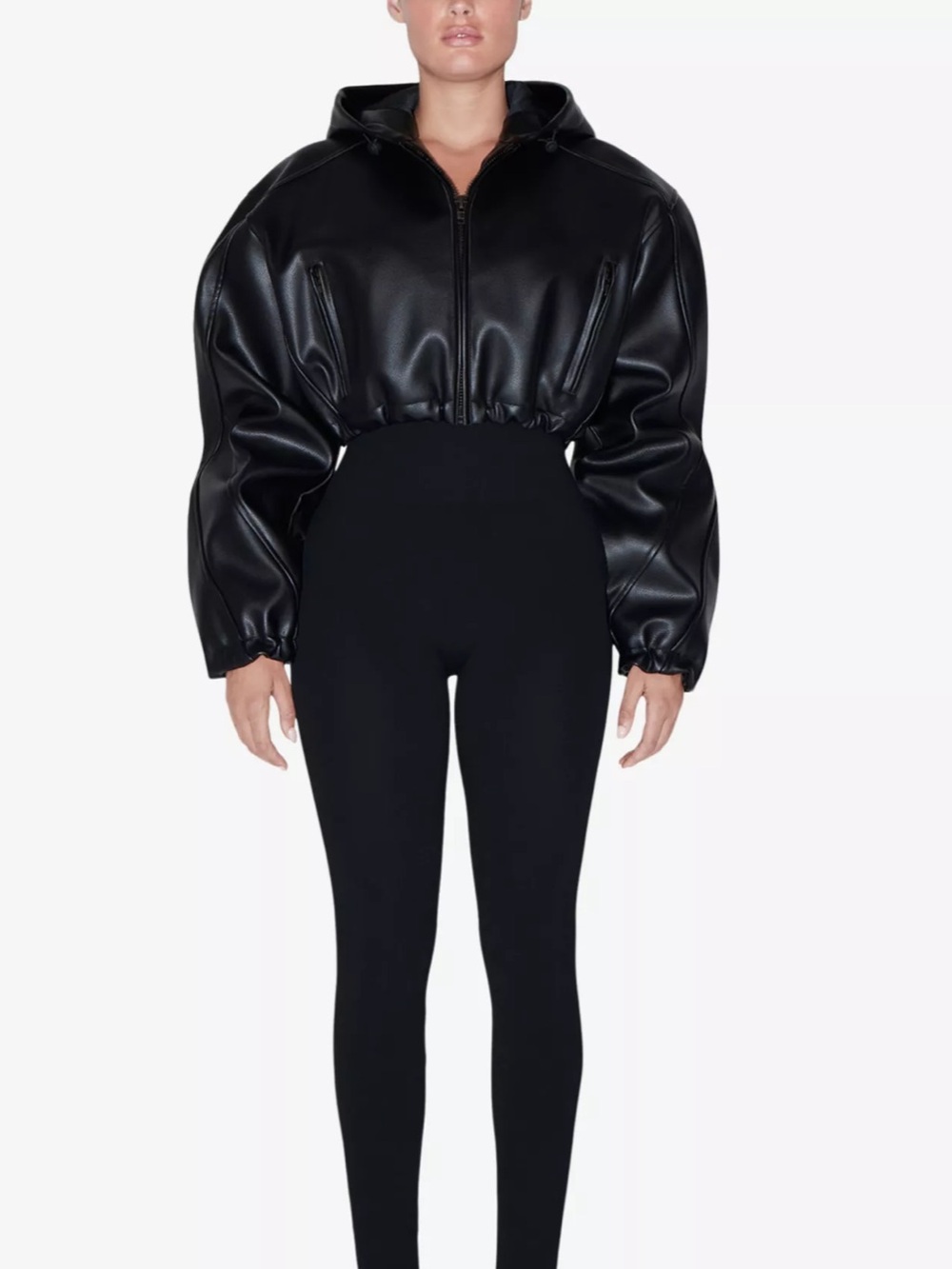 Khy Cropped Black Faux-Leather Hooded Jacket